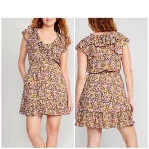 Old Navy Waist-Defined Flutter-Short Sleeve 
Pullover Floral Ruffle Sleeve Dress